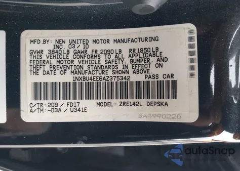 2010 Toyota Corolla S из США, поврежденный, VIN 1NXBU4EE6AZ375342